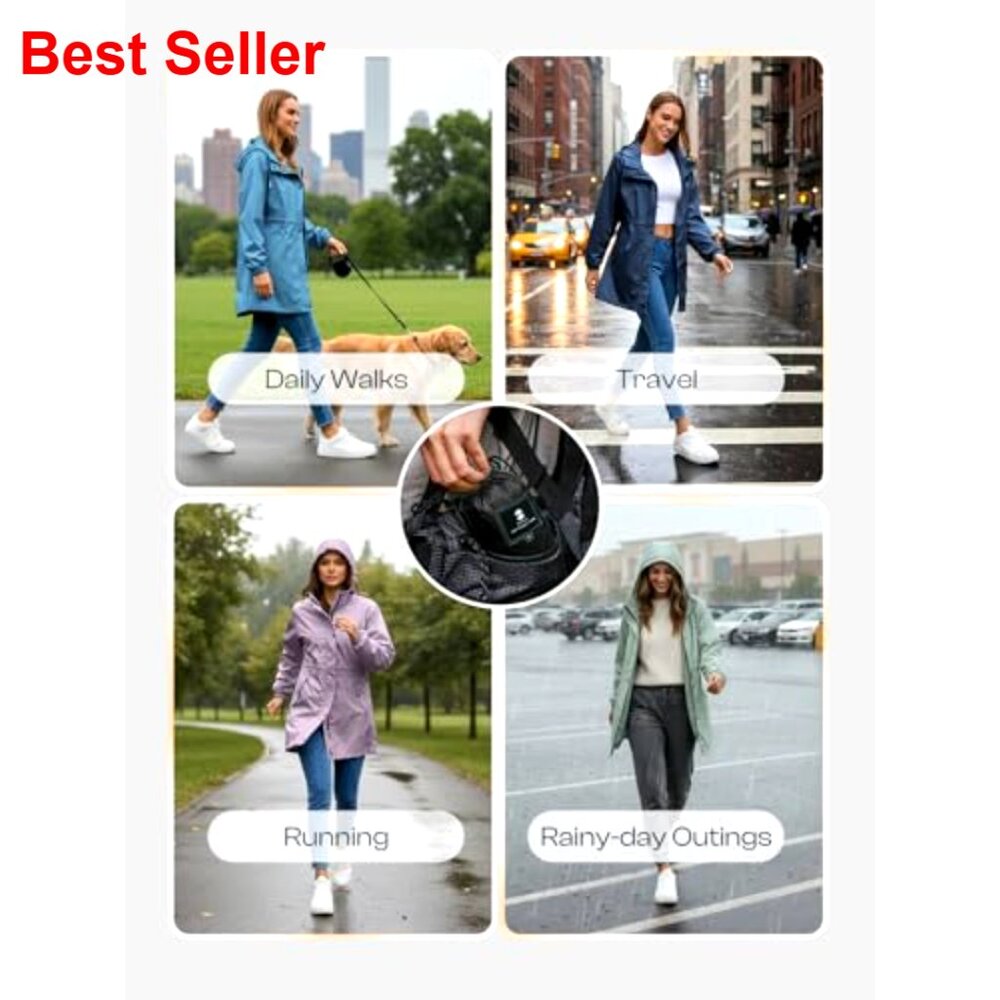 Lightweight Packable Long Rain Jacket Hooded Tren… - image 6